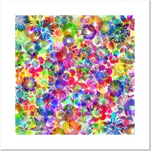 Bright Rainbow Neon Floral Colorful Flower Pattern Posters and Art